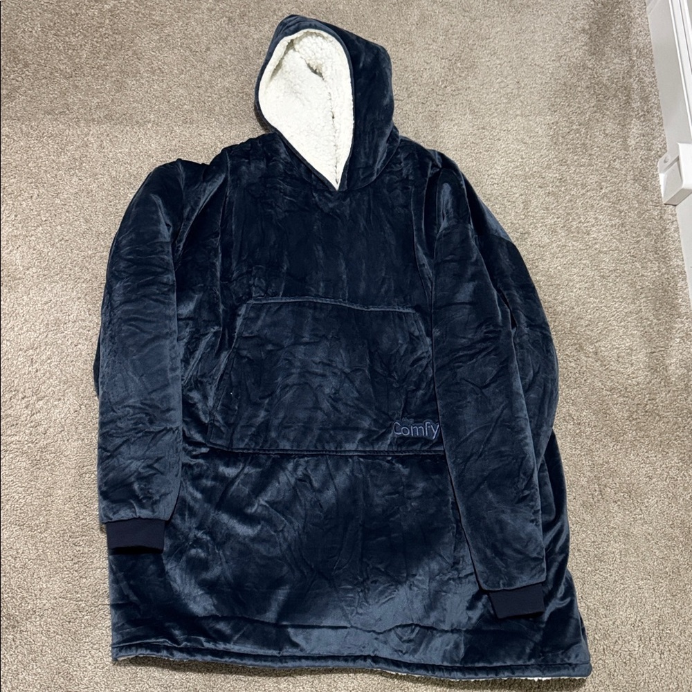 The Comfy Original Navy Blue Sherpa Fleece Fuzzy Warm Blanket Hoody Sweatshirt